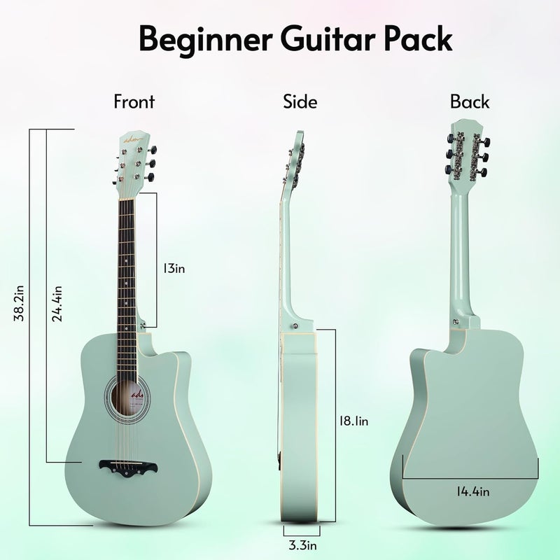ADM 38" Inch Acoustic Guitar Bundle for Beginners Adults with Online Lesson, Cutaway Wood Acustica Guitarra Starter Set Package with Gig Bag, Strap, Steel Strings, Picks, Capos, Stand, Green - Image 4